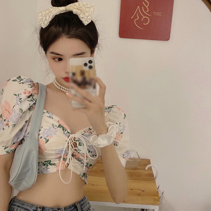 Áo Chiffon Tay Ngắn Cổ Chữ V In Hoa Xinh Xắn Thời Trang Cho Nữ