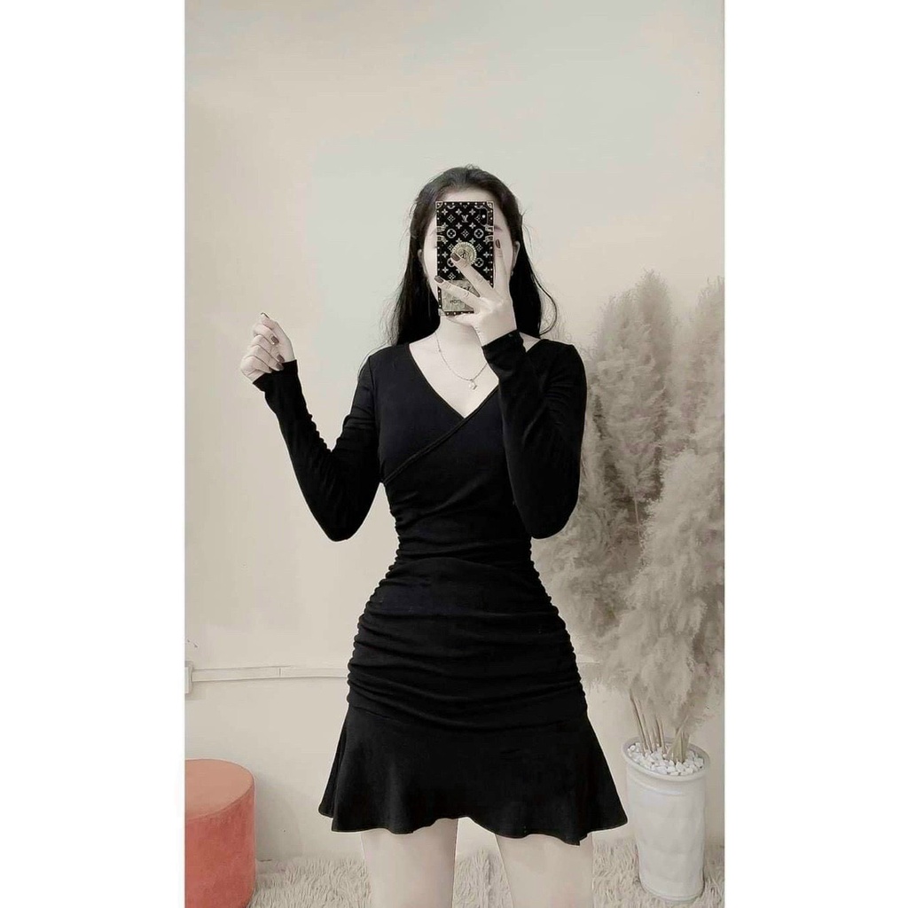 Váy đầm nữ body tay dài cổ V đuôi cá quyến rũ