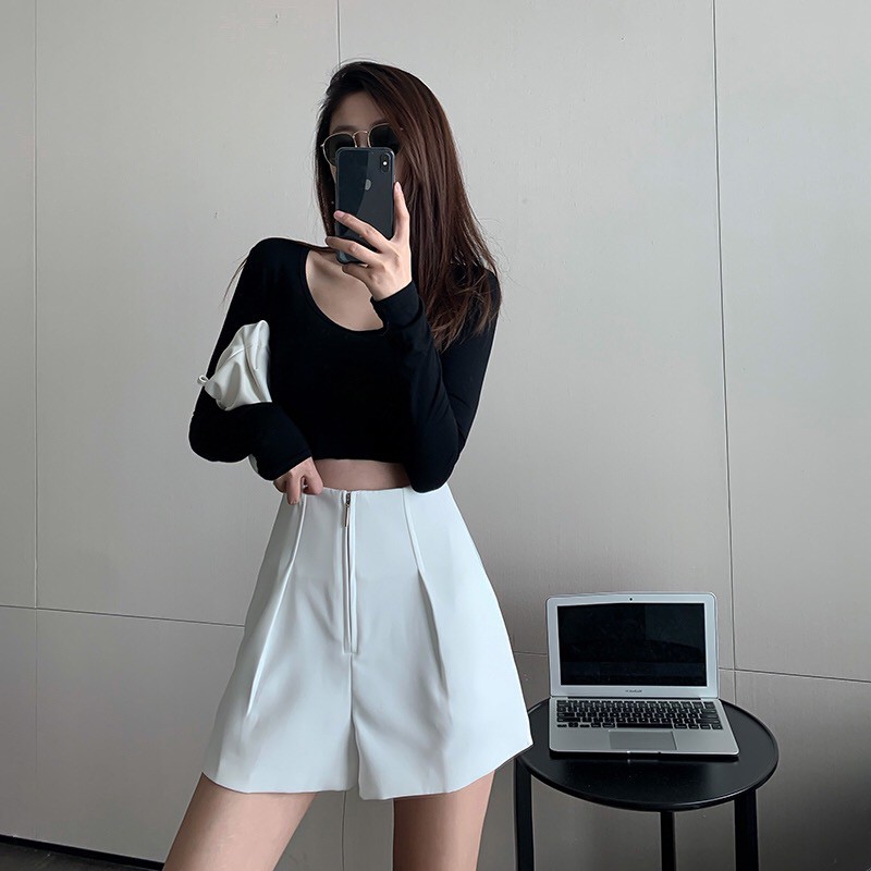 Quần short vải khoá trước forgirl cạp cao xếp ly phồng cao cấp