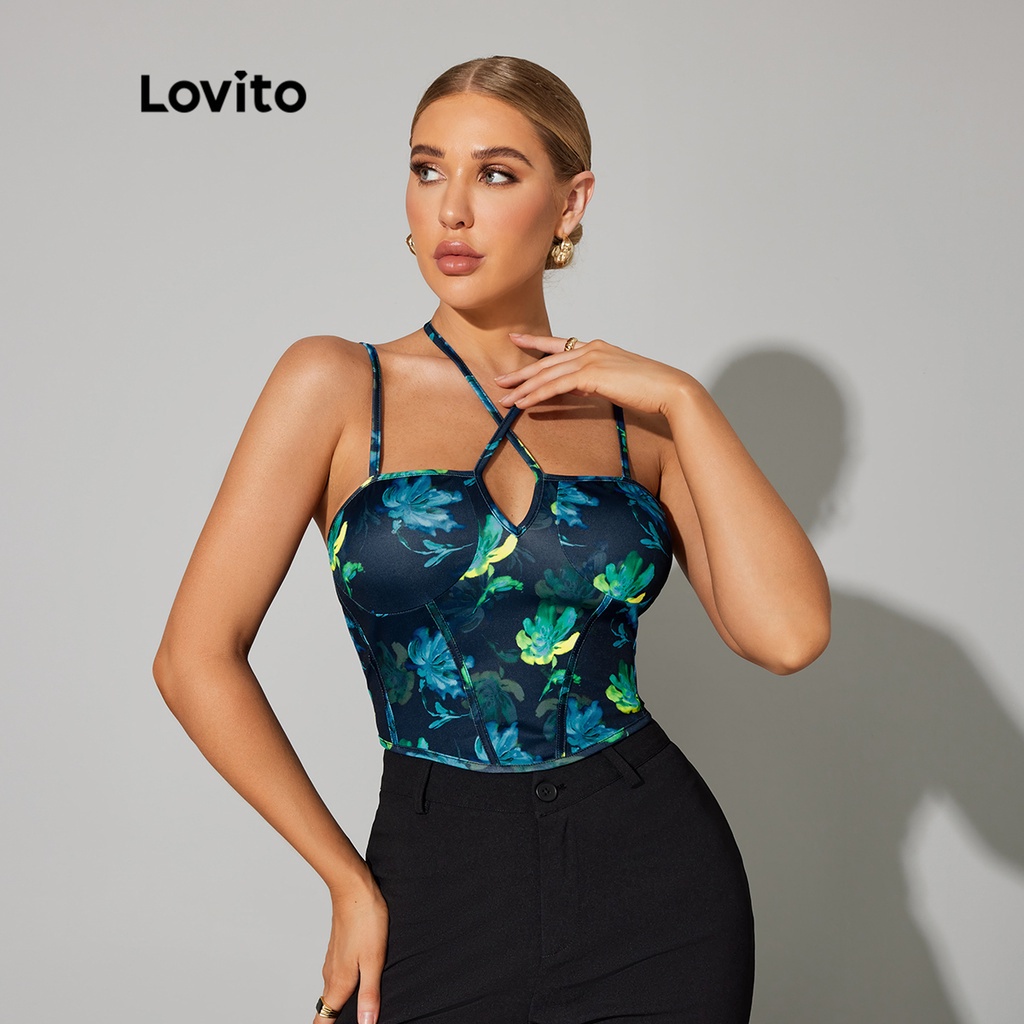 Lovito DAY &amp; NIGHT GLAMOR Thường Hoa Ren Up Criss Cross Women Camis Top L32LE023 (Xanh lam lam)