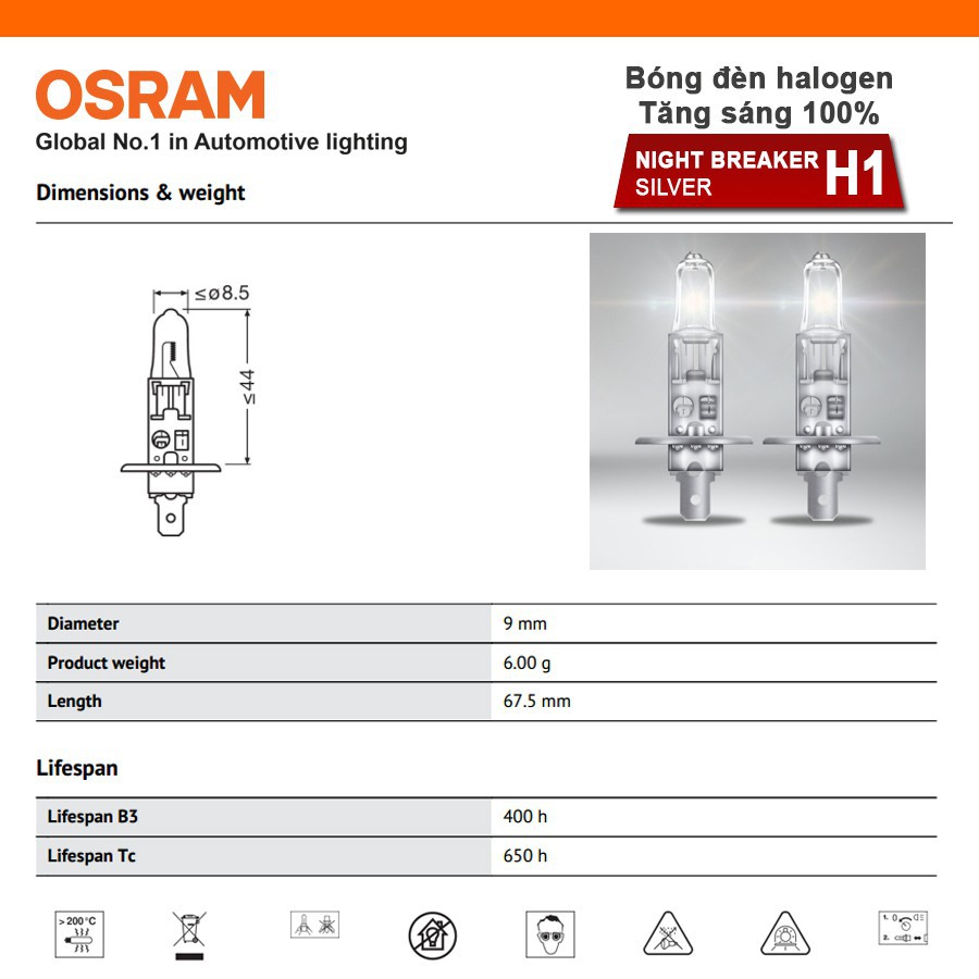Bóng đèn halogen tăng sáng 100% OSRAM NIGHT BREAKER SILVER H1 12v 55w - Nhập Khẩu Chính Hãng