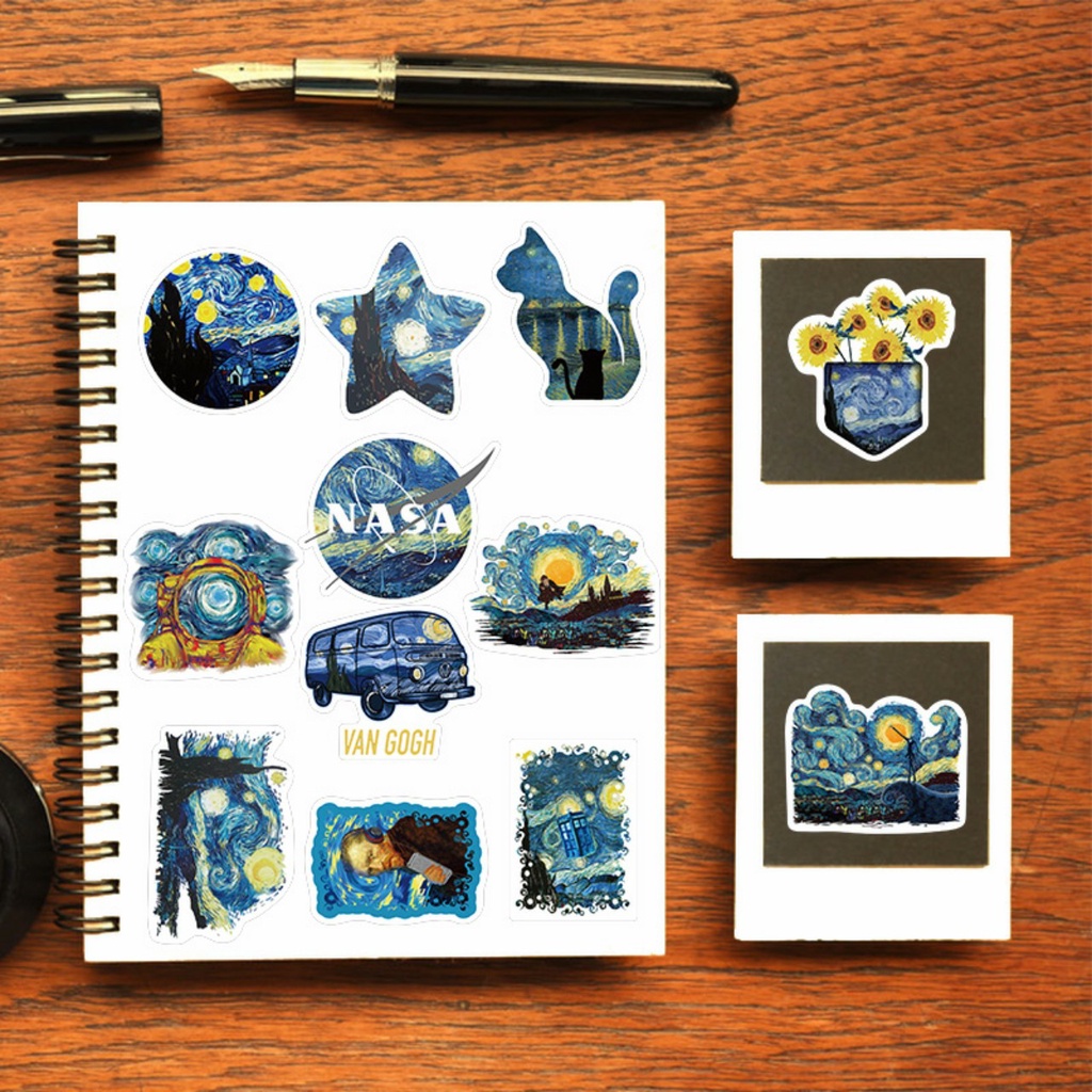 Sticker Vangogh đêm đầy sao nhãn dán trang trí mũ bảo hiểm, đàn, guitar, ukulele, điện thoại laptop