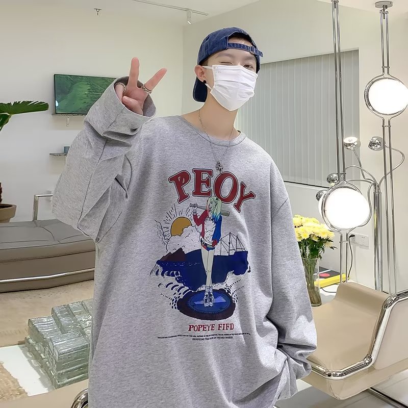 Áo Thun Tay Dài Dáng Rộng In Họa Tiết Hoạt Hình Phong Cách Hàn Quốc Thời Trang Cho Nam Và Nữ size M-5XL