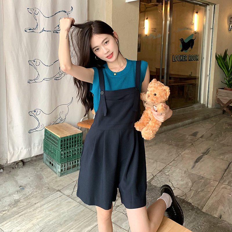 Quần yếm ống rộng cạp cao thời trang màu hè