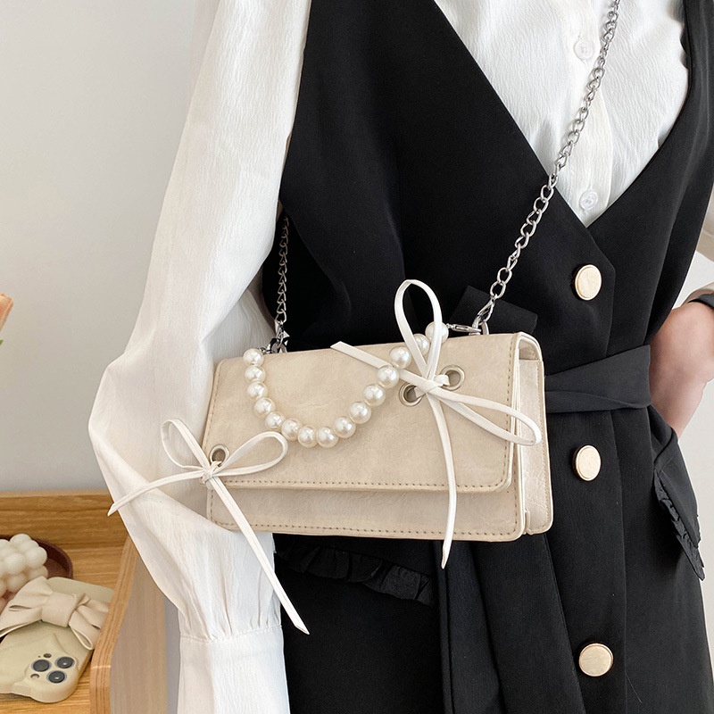 Túi Đeo Chéo Hình Vuông Nhỏ Màu Trơn Đính Hạt Ngọc Trai Thời Trang Mới 2022 Cho Nữ