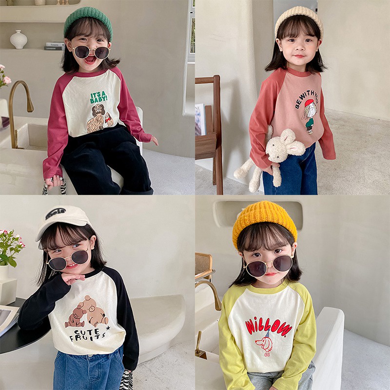 Áo Thun Tay Dài Cổ Tròn In Họa Tiết Hoạt Hình Phong Cách Hàn Quốc Thời Trang Xuân Thu Cho Bé Gái