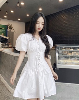 Váy tay bồng cổ V đan bụng 2 màu