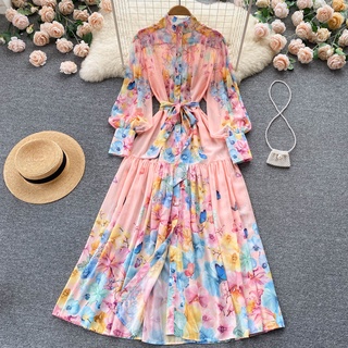 #1177 [Order] Đầm tay dài dáng suông cổ đứng thanh lịch họa tiết hoa chất voan đủ size 3 màu cột dây eo