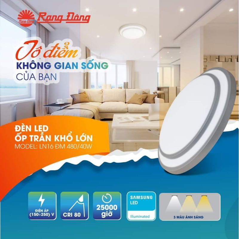 Đèn LED ốp trần khổ lớn 480mm 40W Rạng Đông, đổi 3 màu, siêu sáng đẹp lung linh