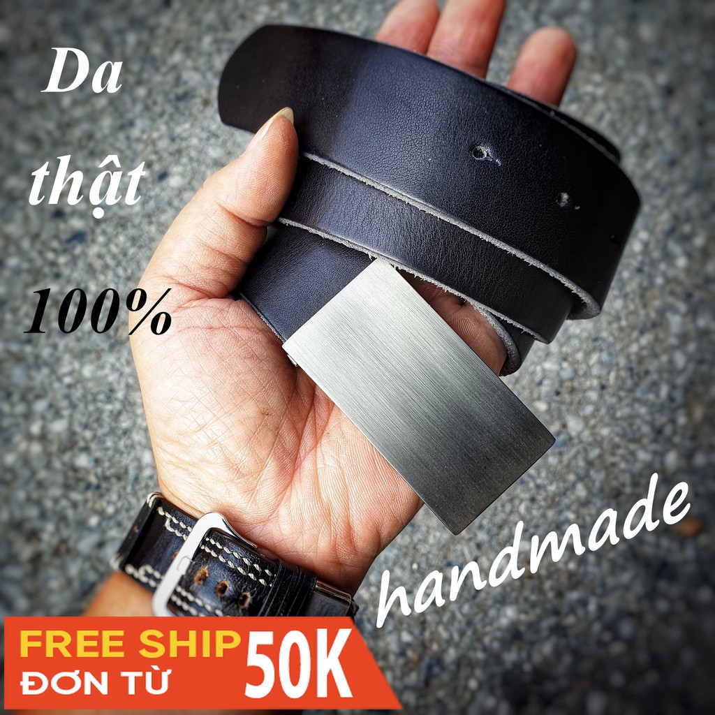 Thắt lưng da bò nguyên miếng handmade (Mặt bạc và đen)