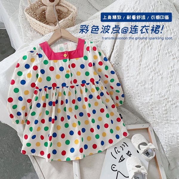 Đầm Tay Phồng Cổ Vuông Họa Tiết Chấm Bi Nhiều Màu Phong Cách Hàn Quốc Xinh Xắn Cho Bé Gái
