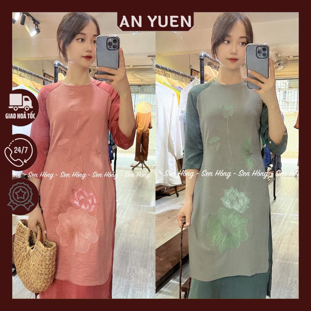 ÁO DÀI ĐI CHÙA # set áo dài cách tân 4 tà thêu hoa sen - vải lụa tuyết dày dặn cao cấp - Pháp Phục Sen Hồng
