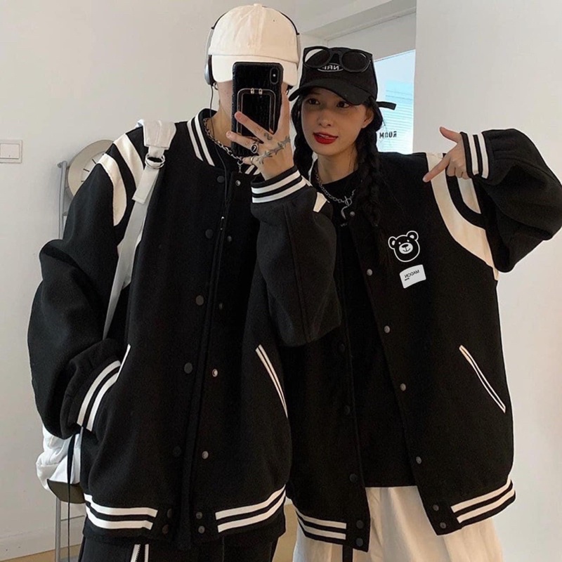 Áo Bomber Viền Vai Gấu Thêu Xịn Xò Phối Da Đẹp Hú Hồn