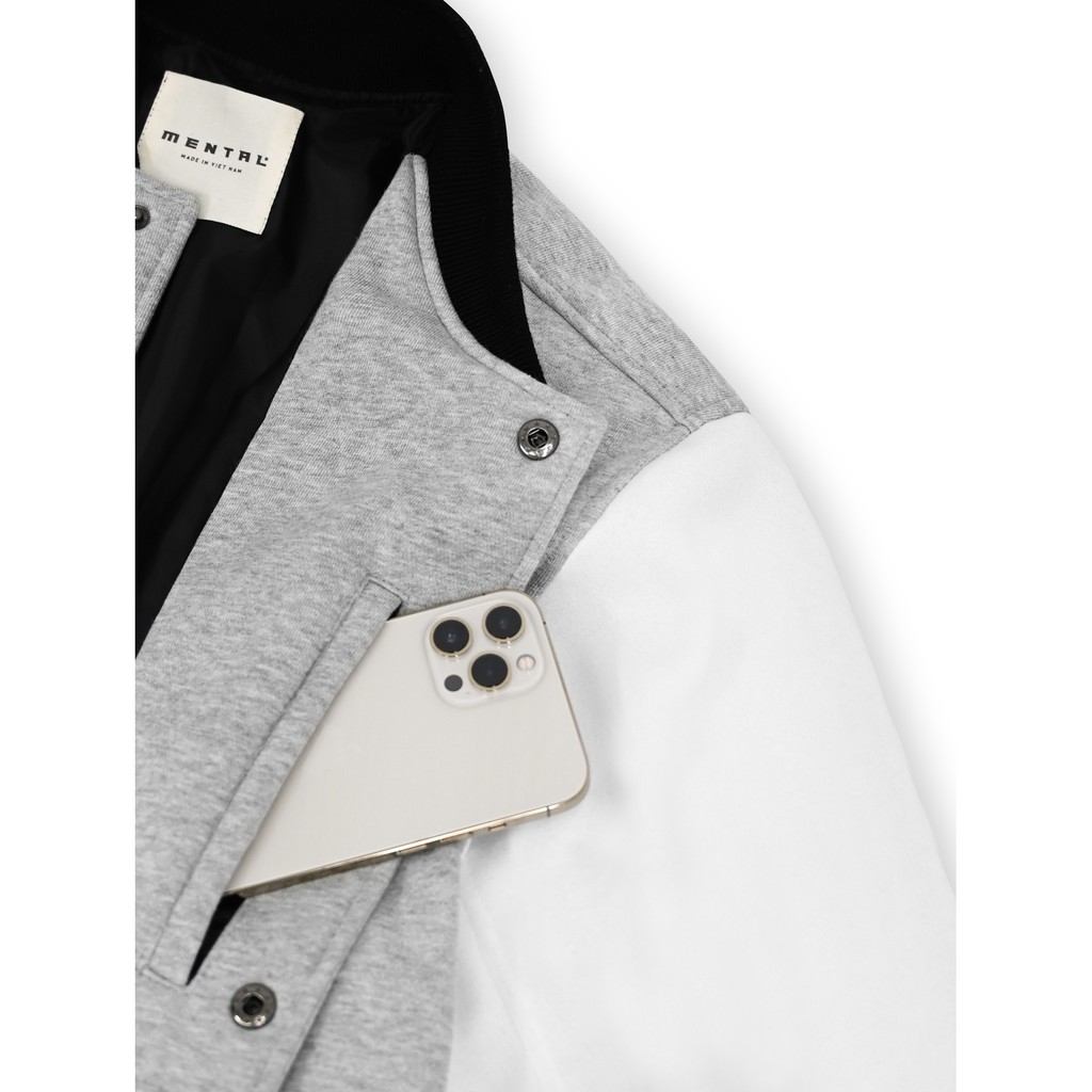 Áo Bomber Nỉ MENTAL® /College Varsity Jacket/ Xám Trắng
