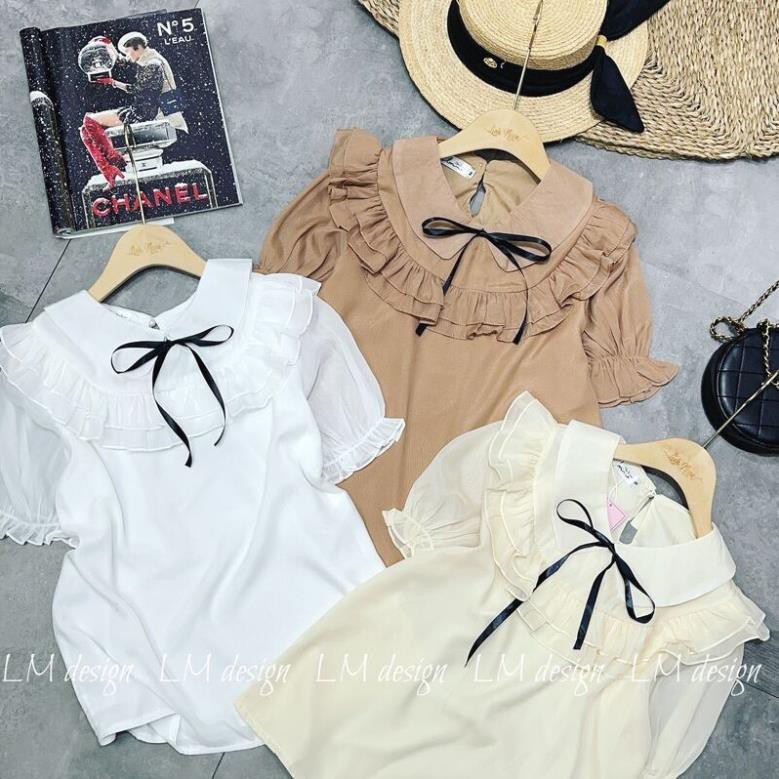 Áo sơ mi tơ cổ sen bèo nhún cộc tay xinhh, Áo sơ mi bánh bèo kèm nơ - MOONMY | BigBuy360 - bigbuy360.vn