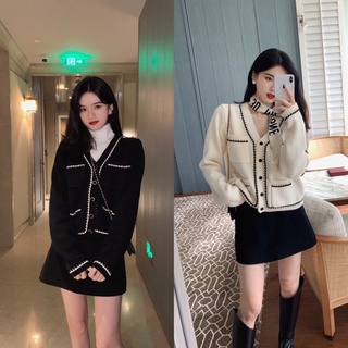 Set Len Viền Thừng 2 Màu Áo Khoác Len Mix Chân Váy Có Ảnh Thật Kèm Video