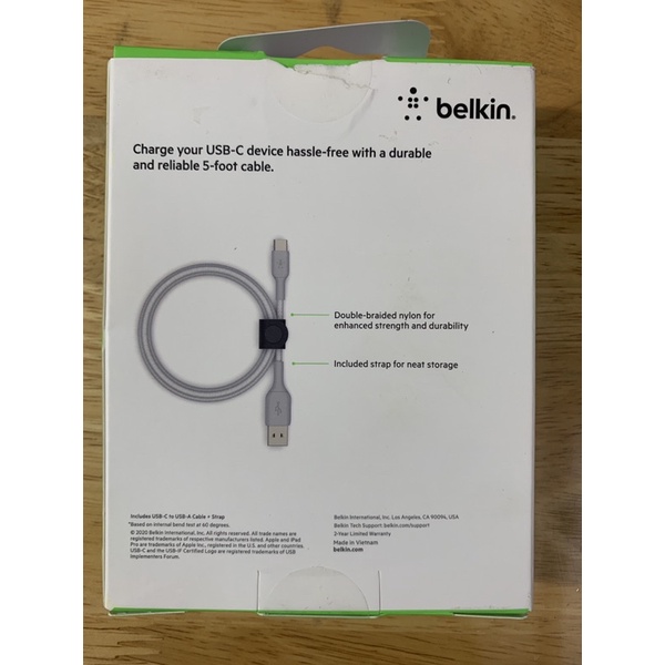 Cáp Belkin USB-A to USB-C chống đứt kèm strap 1.5m