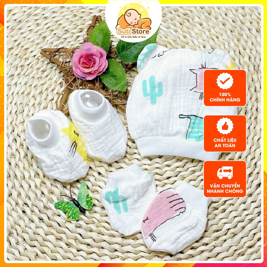 Set mũ bao tay bao chân xô cotton Hàn Quốc