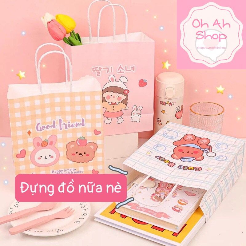 🍓 Túi Giấy Gói Quà Tặng Sinh Nhật Cực Dễ Thương Mẫu Caro Gấu Thỏ