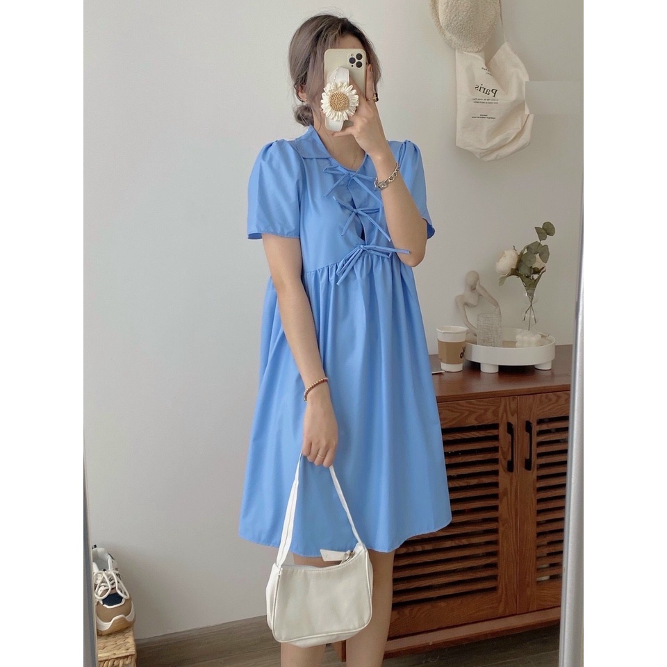 [RẺ VÔ ĐỊCH]  Váy Babydoll Xanh 3 Nơ - Váy cộc tay dáng xòe tiểu thư phong cách hàn quốc