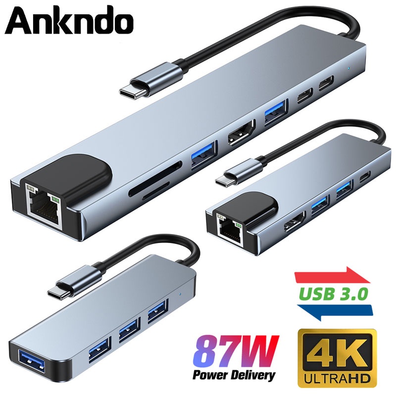 Hub chuyển đổi Ankndo 8 trong 1 gồm cổng USB 3.0/ sạc máy tính PD/ RJ45 HDMI thẻ nhớ TF/SD Type-C chất lượng cao