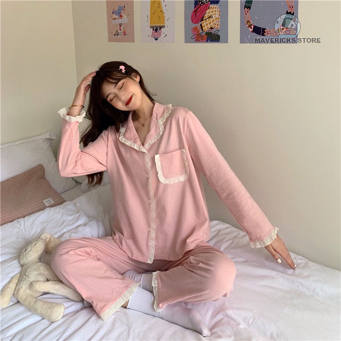 Bộ đồ ngủ tay dài phong cách Hàn Quốc đáng yêu thời trang xuân thu cho nữ