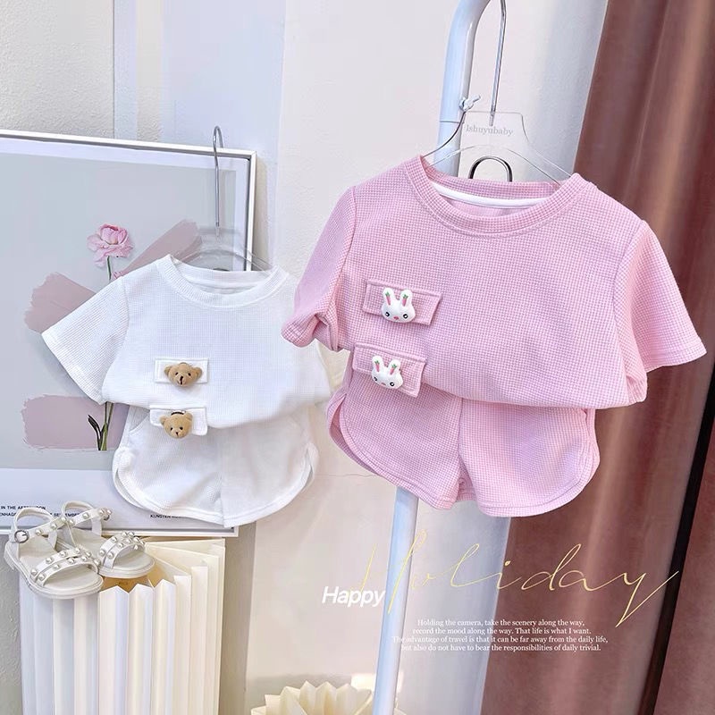 Set Đồ Mùa Hè 2 Món Tay Ngắn Màu Hồng Phong Cách Hàn Quốc Mới Cho Bé Gái 0-7 Tuổi