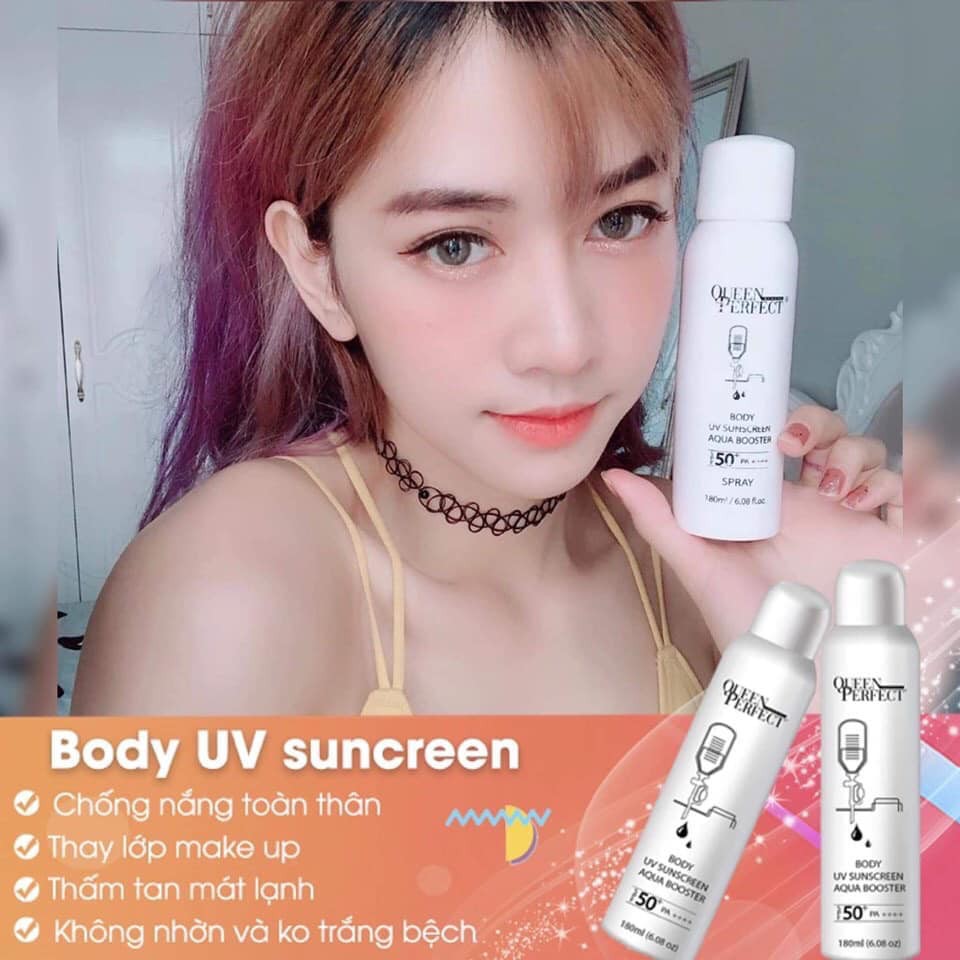 Combo Xịt chống nắng body Queen Perfect SPF50+ PA++++ 180ml và bông nở rửa mặt HEMIA 12pcs