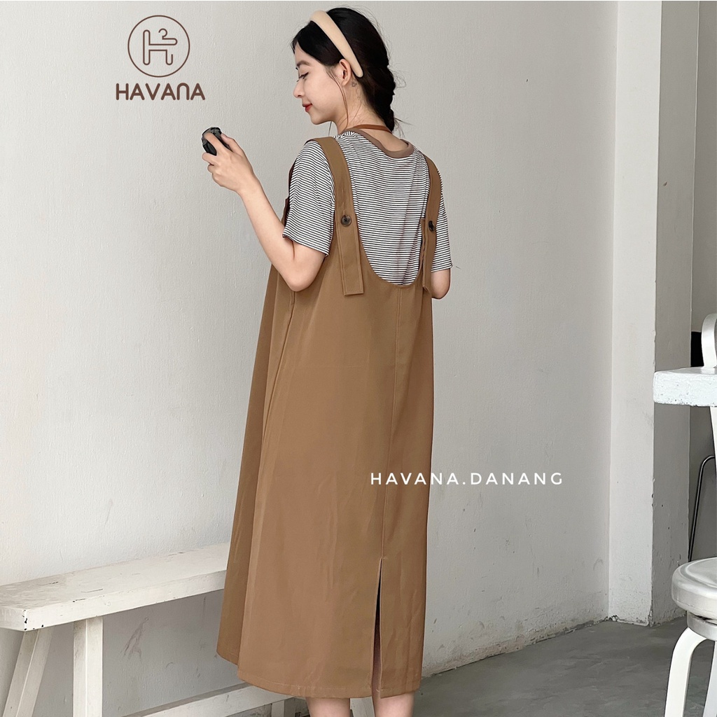 Set váy yếm kaki nữ kèm áo thun, yếm dài kèm áo thun kẻ sọc freesize hai màu AE196