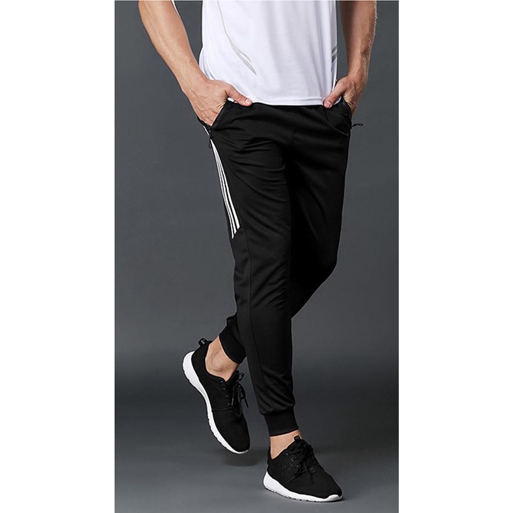 Quần Jogger Thể Thao Nam 3 Sọc Lửng Vải Poly Co Giãn Mịn Mát Có Size Đại Hơn 80kg