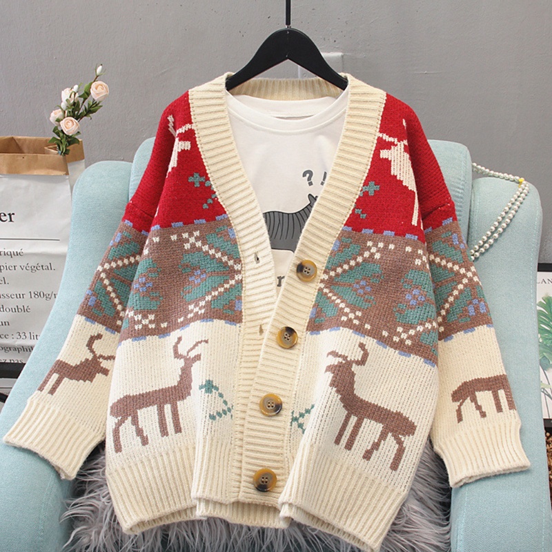 Xiangbao Áo Khoác Cardigan Dệt Kim Tay Dài In Họa Tiết Bông Tuyết Tuần Lộc Giáng Sinh Màu Khối