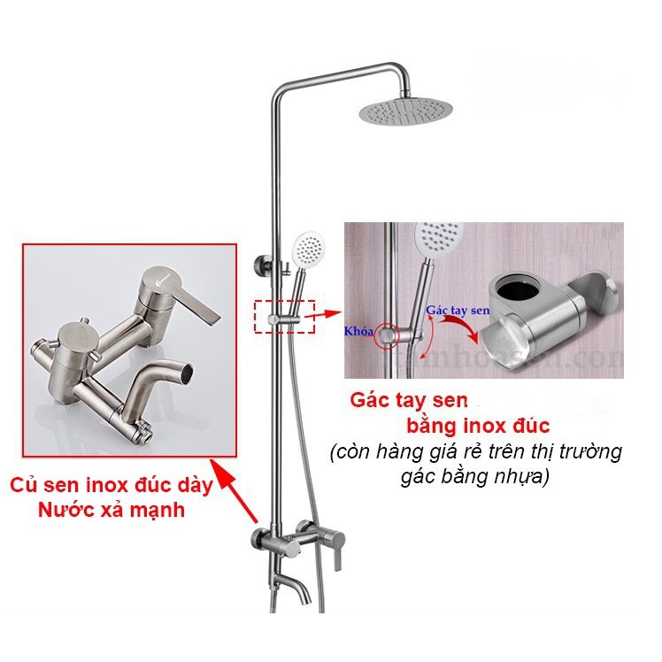 Sen cây tắm đứng NÓNG LẠNH INOX 304 Astosi (Kiểu tròn) HÀNG ĐÚC cao cấp - Tay sen và dây inox 304 không han gỉ