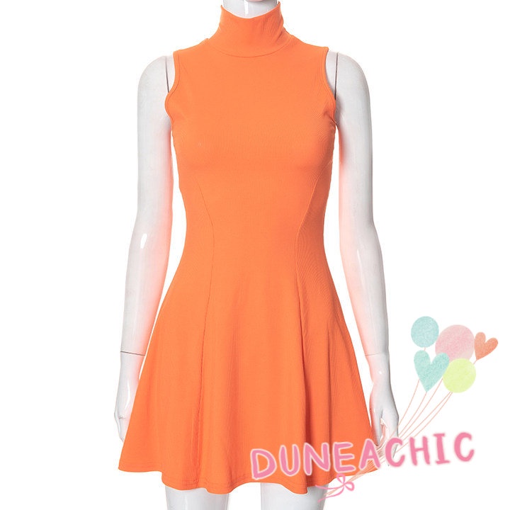 Đầm Sát Nách Cổ Cao Xếp Ly Màu Trơn Phong Cách Đường Phố Cho Nữ