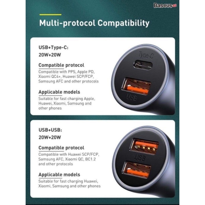 Tẩu sạc nhanh 2 cổng Type C+USB 40W/ PD20/QC3.0 chính hãng Baseus Contactor Pro sạc nhanh cho IPhone 12 Xiaomi OPPO Vivo