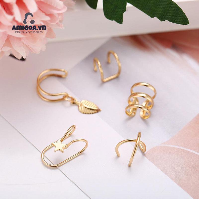 Set 5 Khuyên Tai Kẹp Chữ U Hai Lớp Sáng Tạo Không Xỏ Lỗ Tai