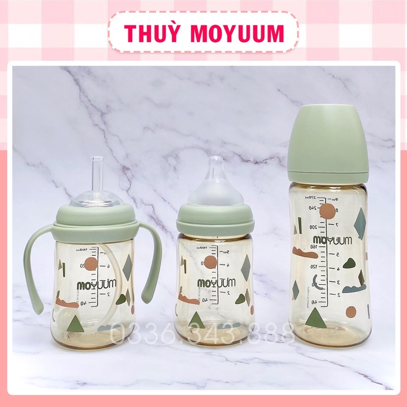 Bình sữa Moyuum mẫu mới Limited, Moyuum Cloud, Moyuum mây hoạ tiết xanh lá 170ml- 270ml