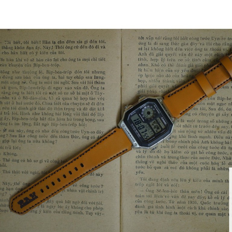 Dây đồng hồ RAM Leather 1988 cho CASIO 1200, AE 1200, 1300, 1100, A159 , A168 , Size 18 da dê thật vàng sáng