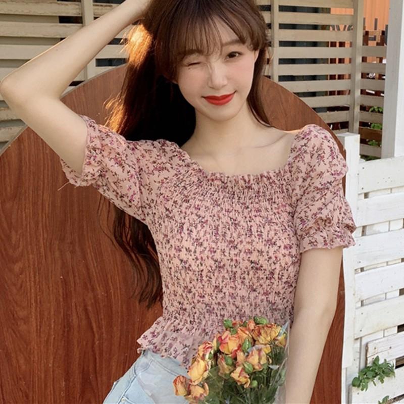 Áo chiffon nữ tay ngắn cổ vuông in hoa phong cách Hàn Quốc xinh xắn