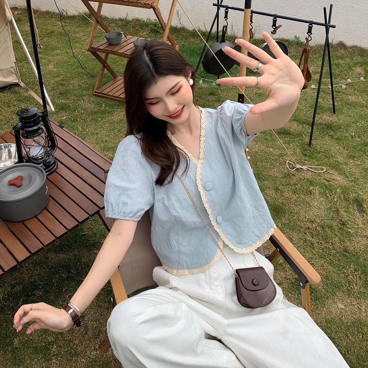 Áo Kiểu Tay Phồng Cổ Chữ V Phối Ren Phong Cách Pháp Thời Trang Mùa Hè Mới Cho Nữ