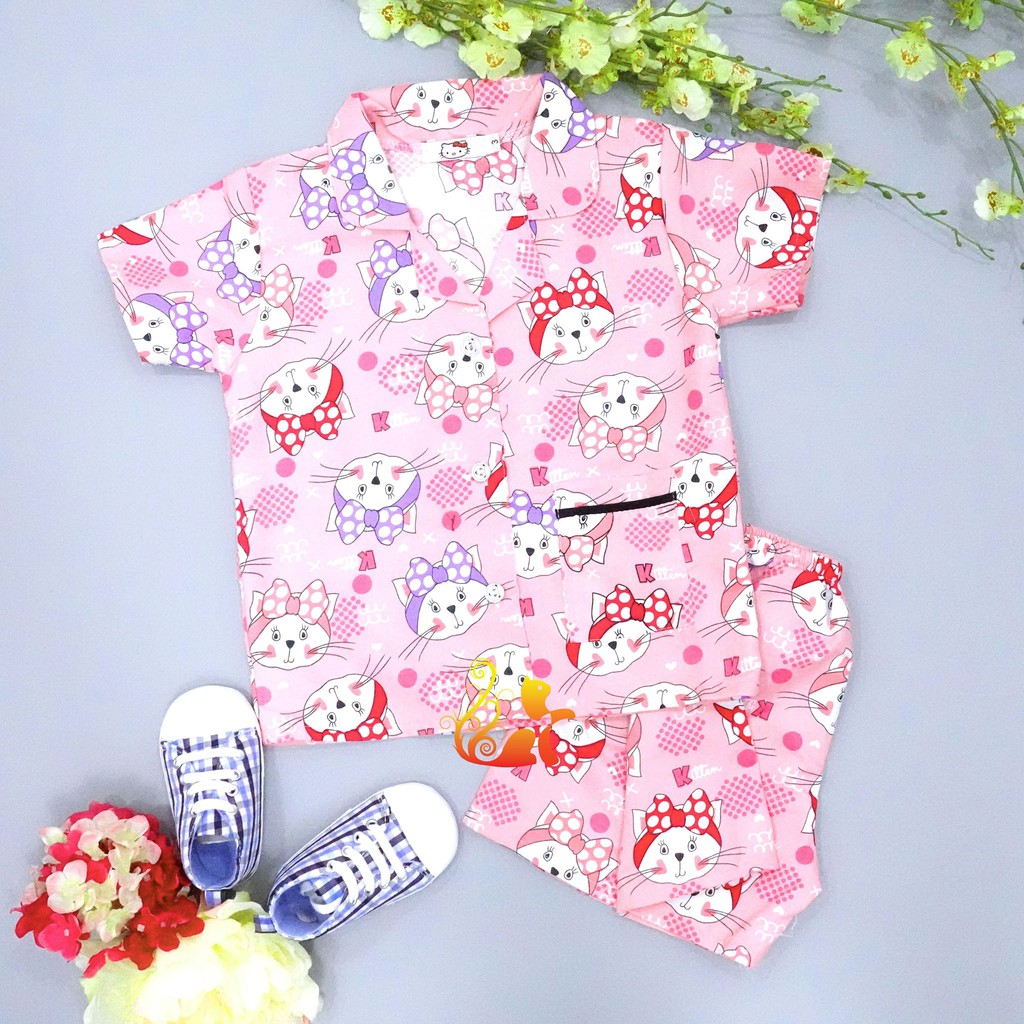 Đồ Bộ Pijama Kate Thái - &quot;Mèo Nơ Chấm Bi&quot; - Cho Bé 13-17KG