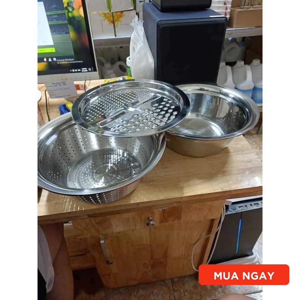 Bộ thau rổ bào cắt rau củ ba món kèm chậu inox 304 không gỉ nhiều chức năng cao cấp tiện lợi - An toàn cho sức khỏe