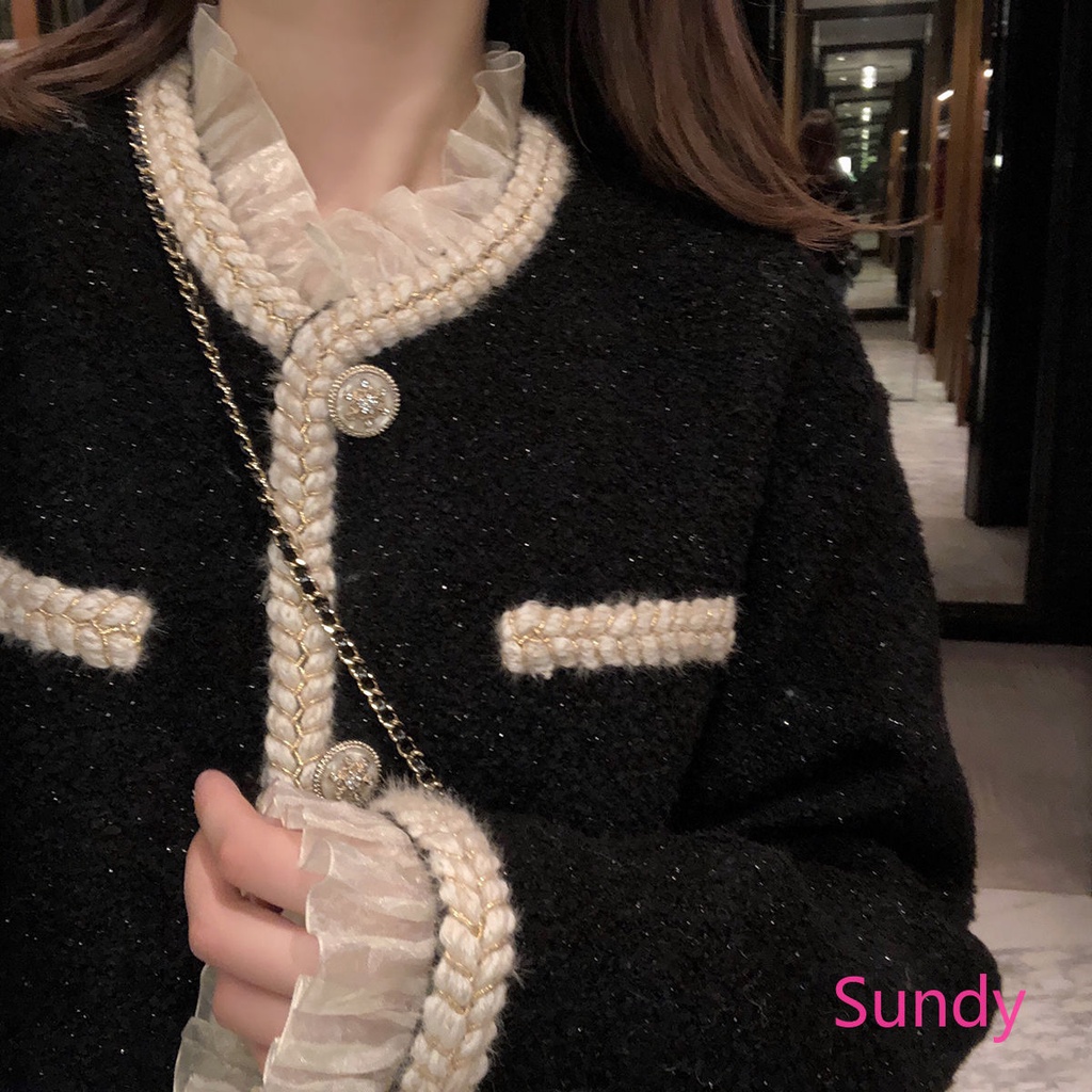 Áo Khoác Tay Dài Cổ Tròn Phối Ren Kiểu Pháp Thời Trang Mùa Đông Cho Nữ