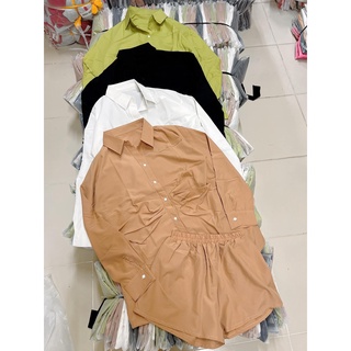 Set áo sơ mi và quần short chất lụa thô mềm mại
