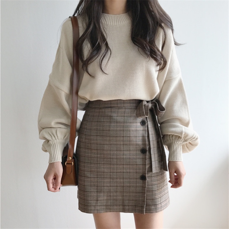 Chân váy chữ a lưng cao kẻ sọc đính nơ xinh xắn 26477