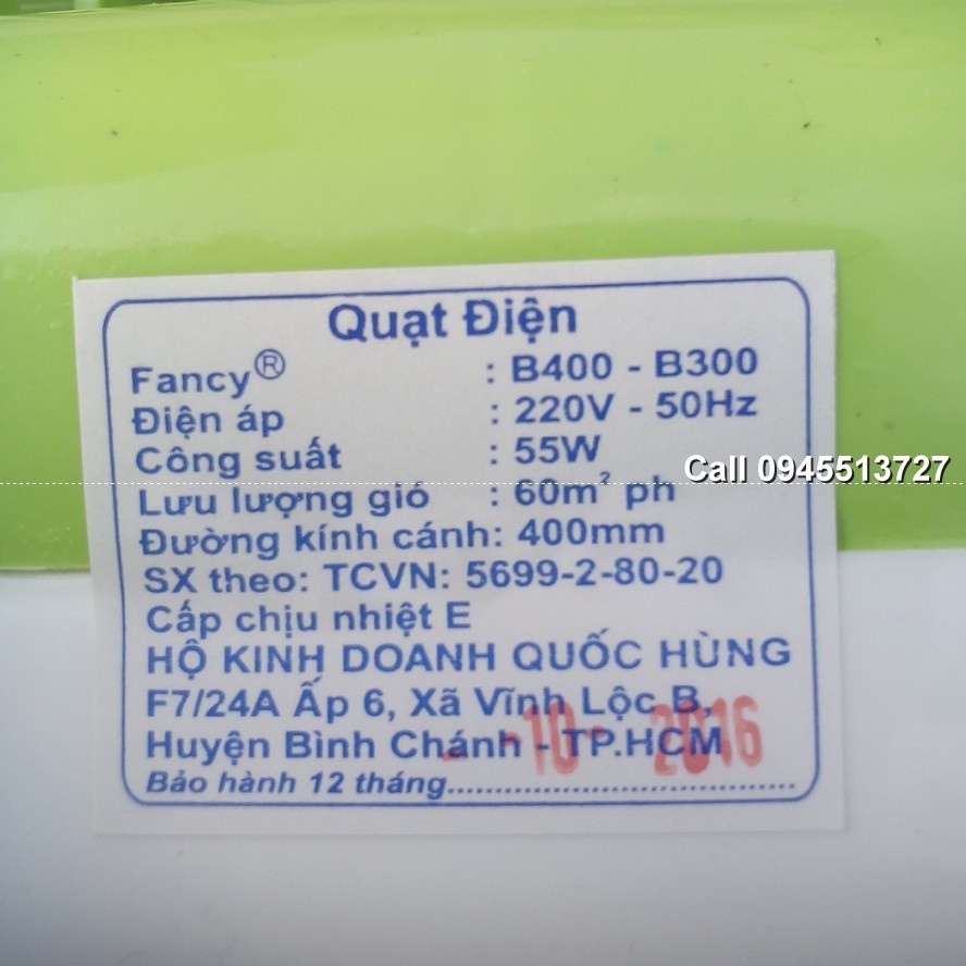 Bảo Hành 12 Tháng Quạt hộp Fancy B300 6 cánh 30 cm 55W