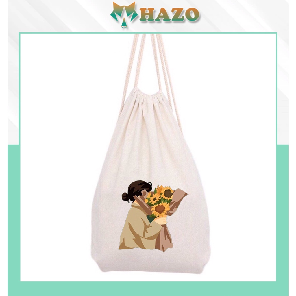 Balo dây rút vải canvas Nhỏ Xinh họa tiết Sunflower 524 xinh xắn dễ thương phong cách Hàn Quốc