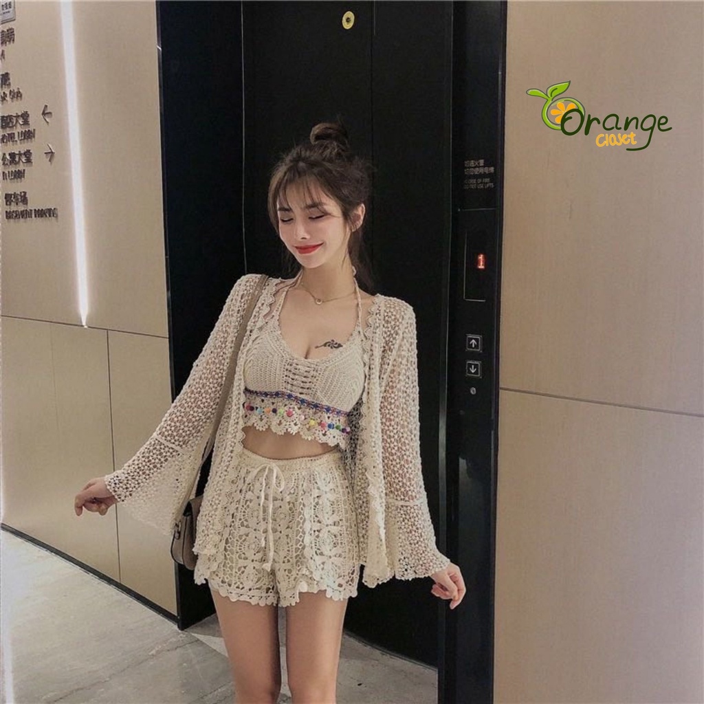 Bộ Bikini Ren Đi Biển 3 Món  Sét Bikini đi biển Bra Đi Biển Quần Áo Choàng Đi biển br10