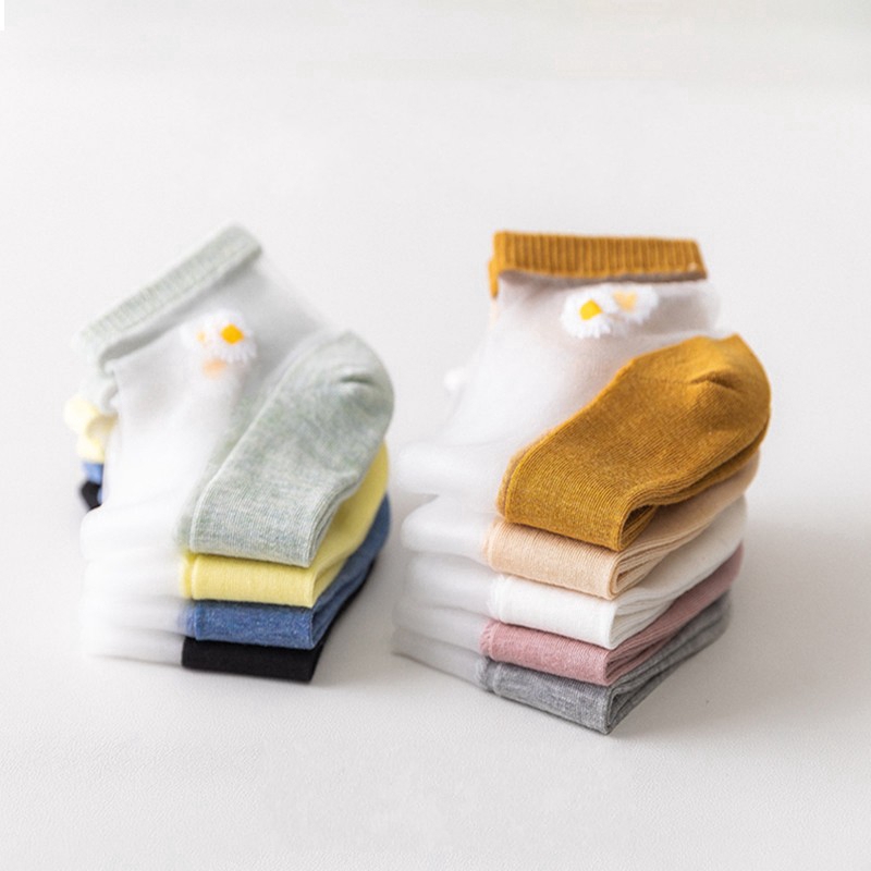 Cặp vớ ngắn cotton lưới pha lê rỗng siêu mỏng xuyên thấu thoáng khí co giãn trang trí hình hoa cúc thời trang Hàn Quốc
