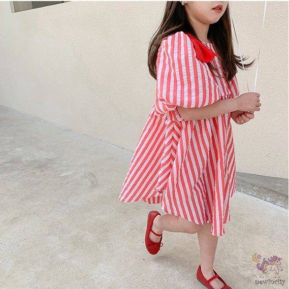 Đầm Công Chúa Tay Phồng Hoạ Tiết Kẻ Sọc Dễ Thương Cho Bé Gái