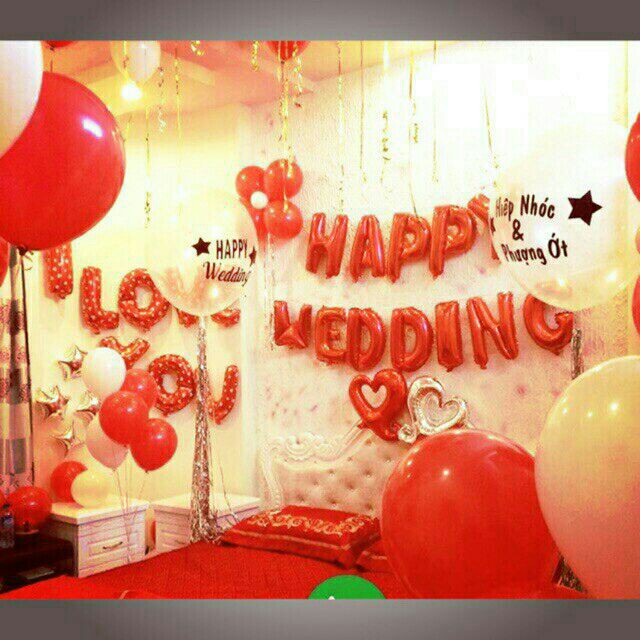 Bóng chữ Happy Wedding màu vàng/bạc/đỏ/hồng Đẹp